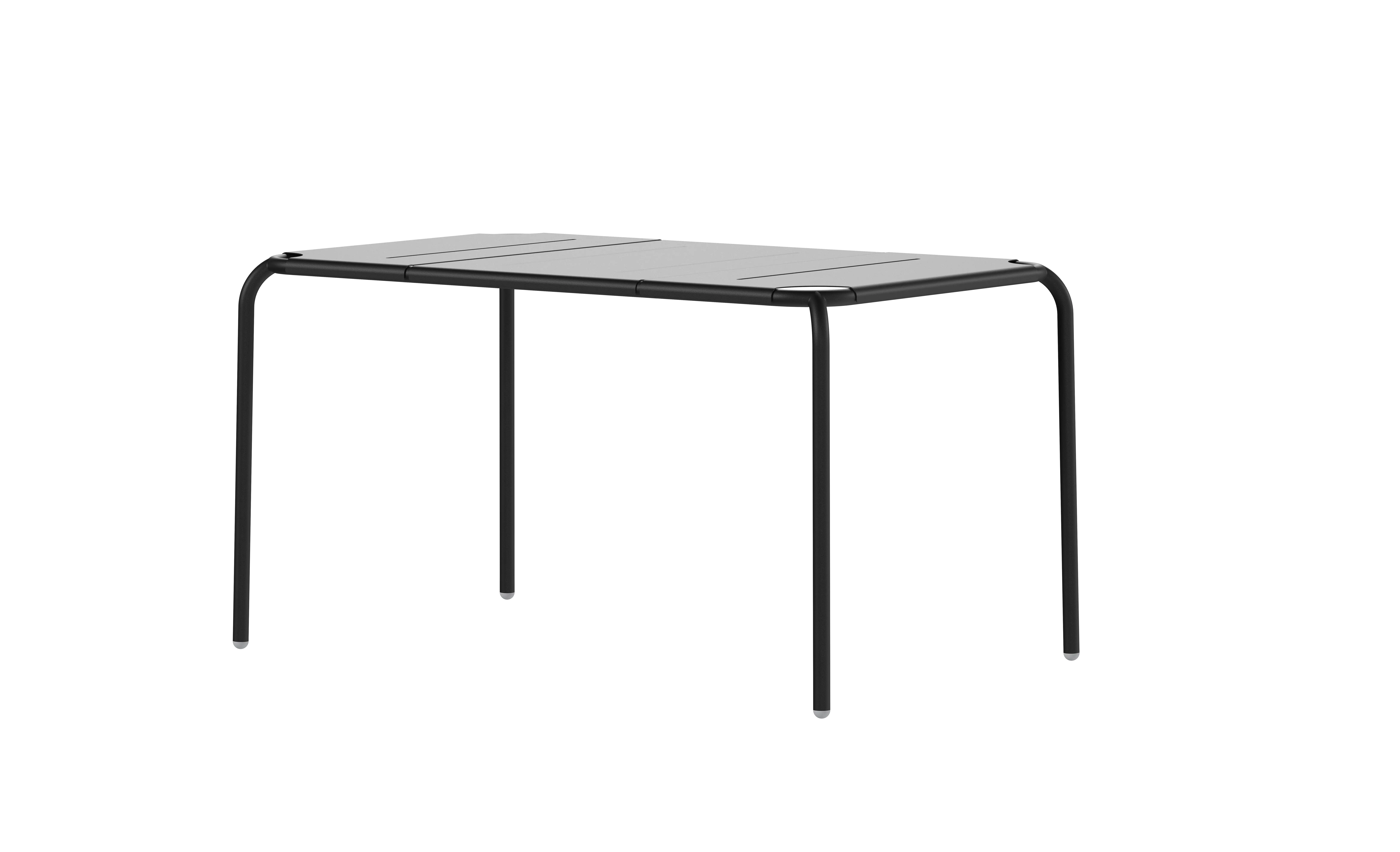 Edelstahl Esstisch mit schwarzem Gestell und hellem Holz- oder Stein-Design.