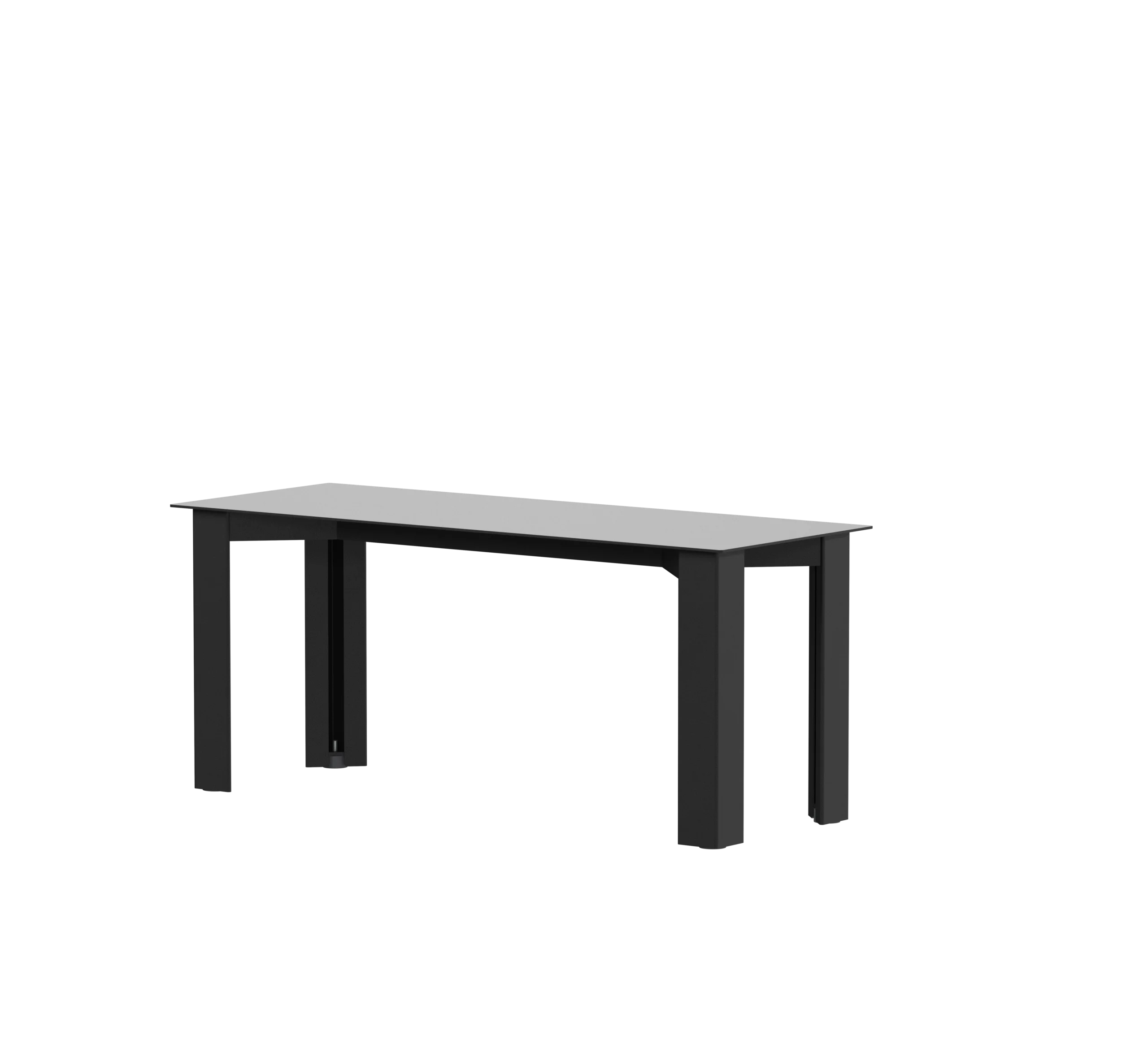 Moderner Arbeitstisch aus Stahl mit weißer Oberfläche und schwarzem Gestell.